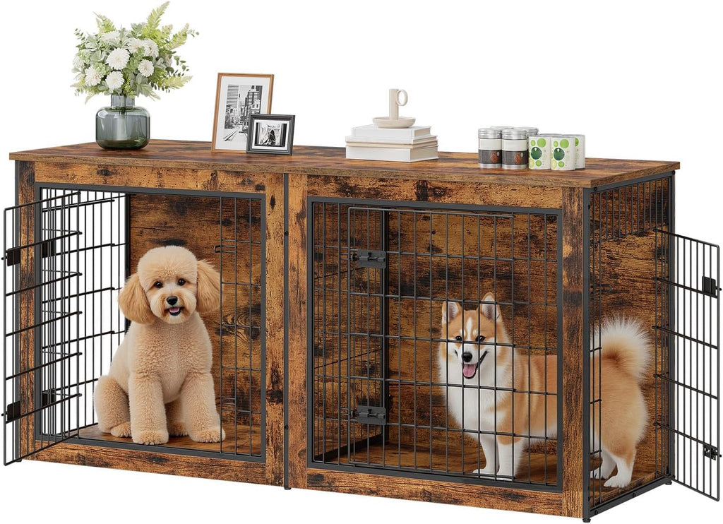 hoobro dog crate furniture for 2 dogs, 63", view 9