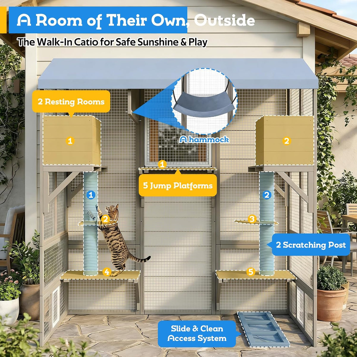 large walk-in catio outdoor cat enclosure with window, side view