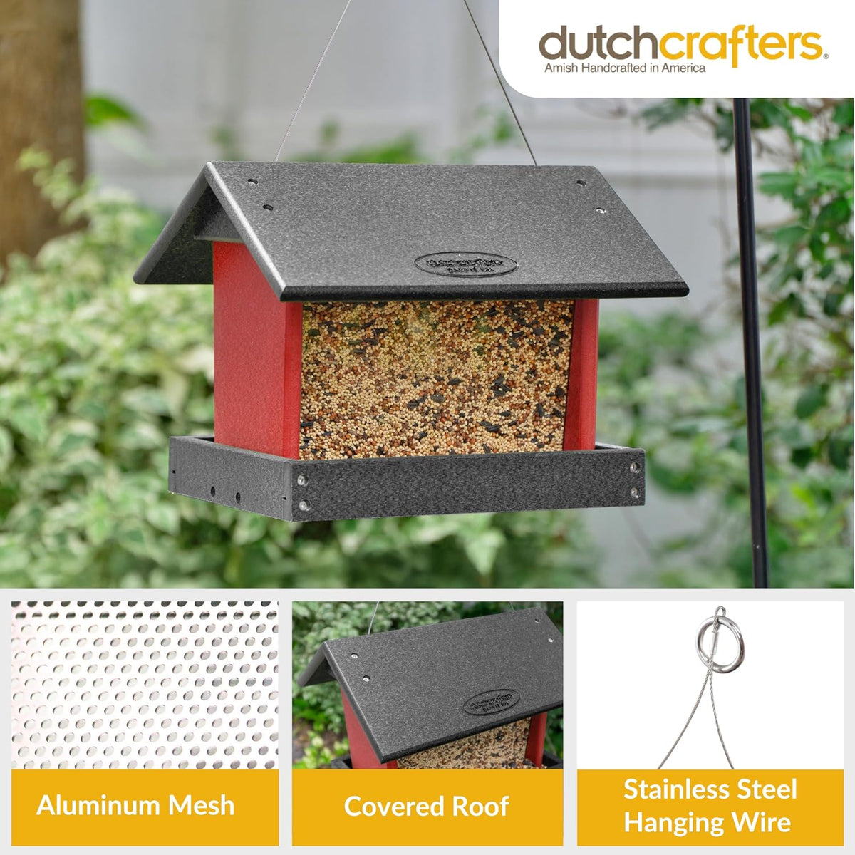 poly hanging hopper bird feeder, large bird feeder, side view