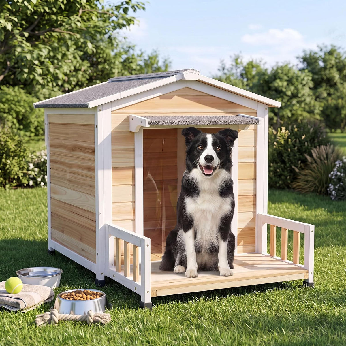 large dog house outdoor elevated wooden dog kennel, front angle view