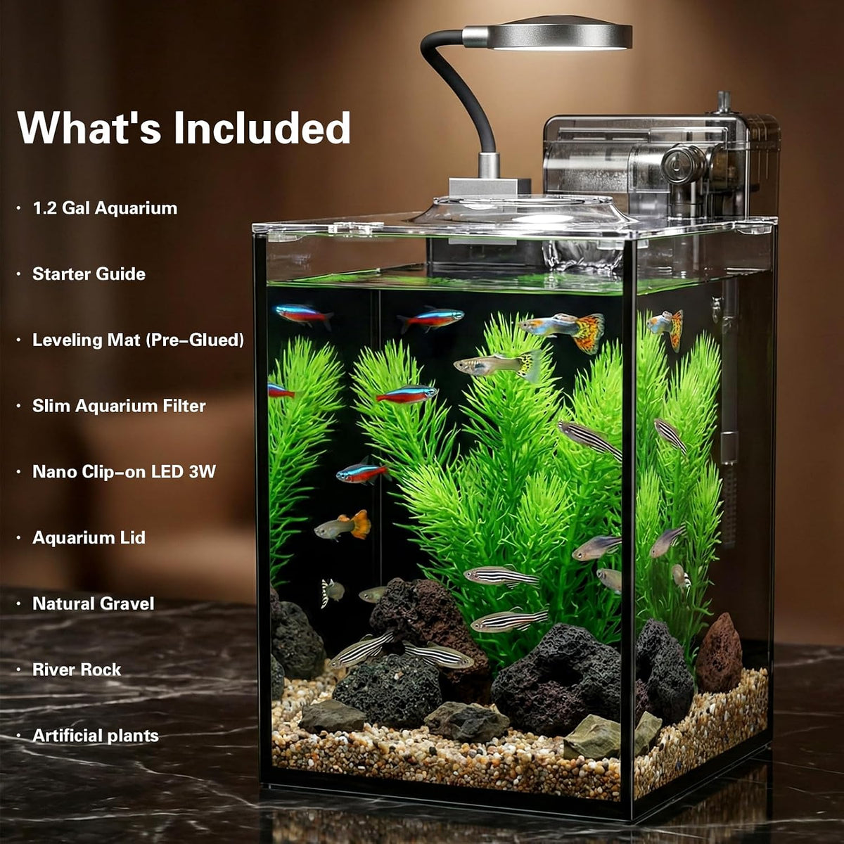 1.2 gallon small aquarium set glass fish tank,desktop showing dimensions
