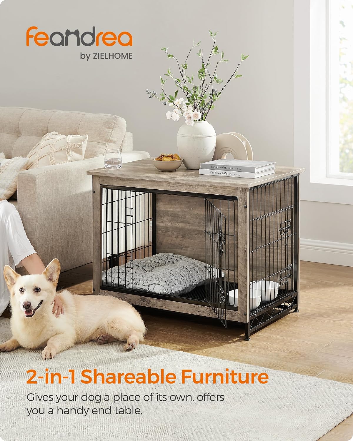 feandrea 32.5" dog crate furniture, indoor dog kennel shown in use