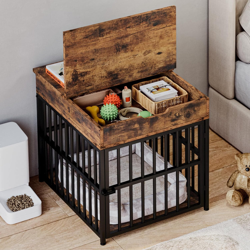 ironck dog crate furniture for small dogs, rustic showing dimensions