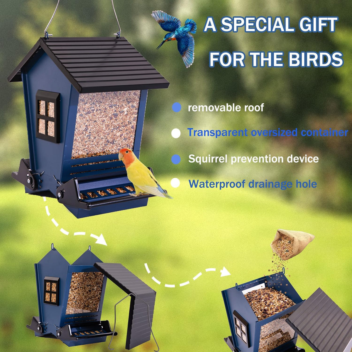 lscqyycc-bird feeder squirrel proof metal hanging for outdoor showing dimensions