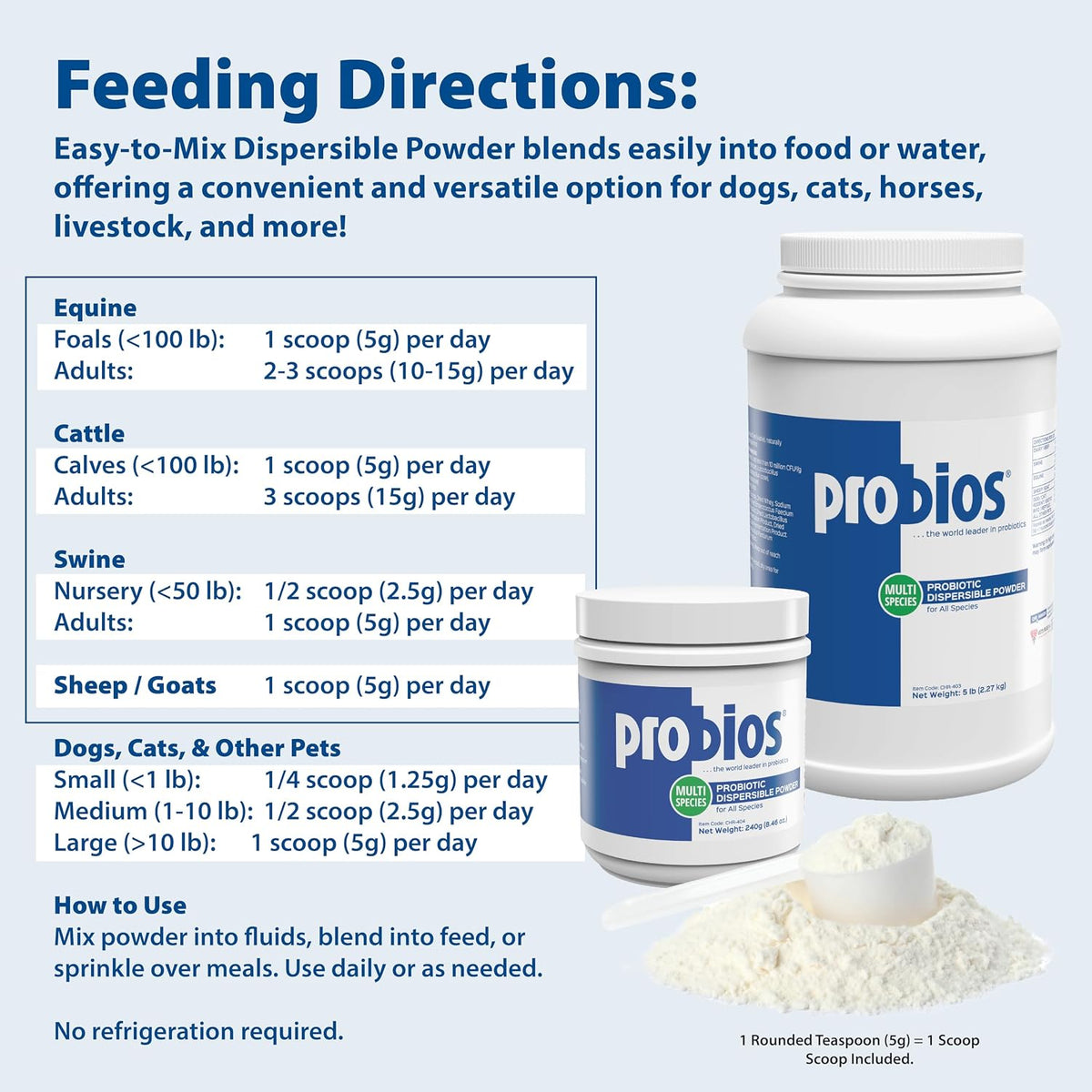probios digestive support powder for pets, 5 lb, side view