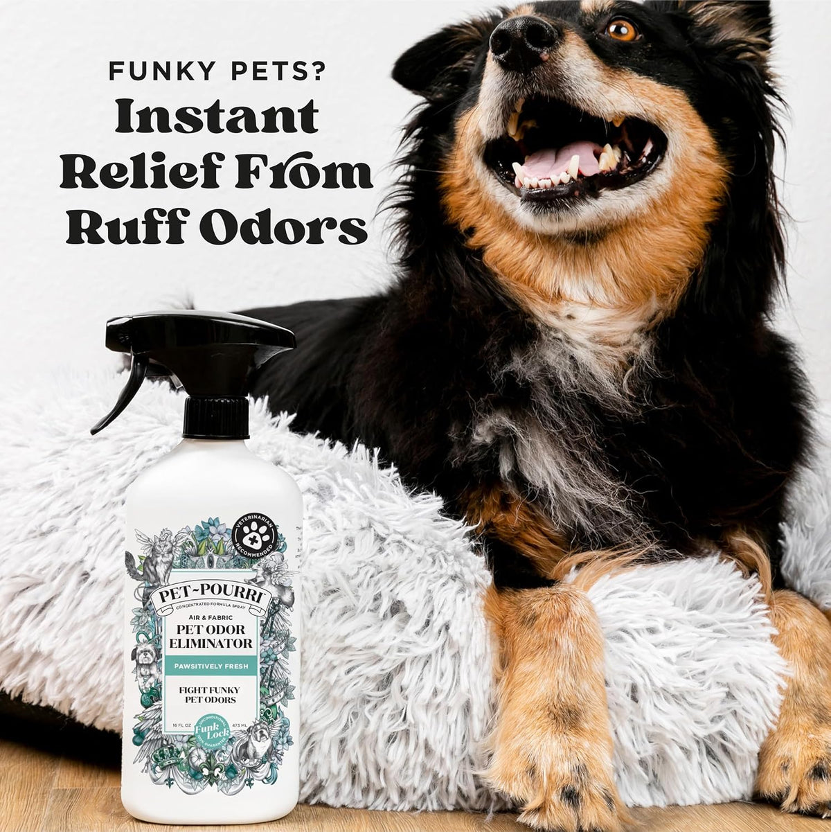 pet-pourri air + fabric pet odor freshener spray shown in use