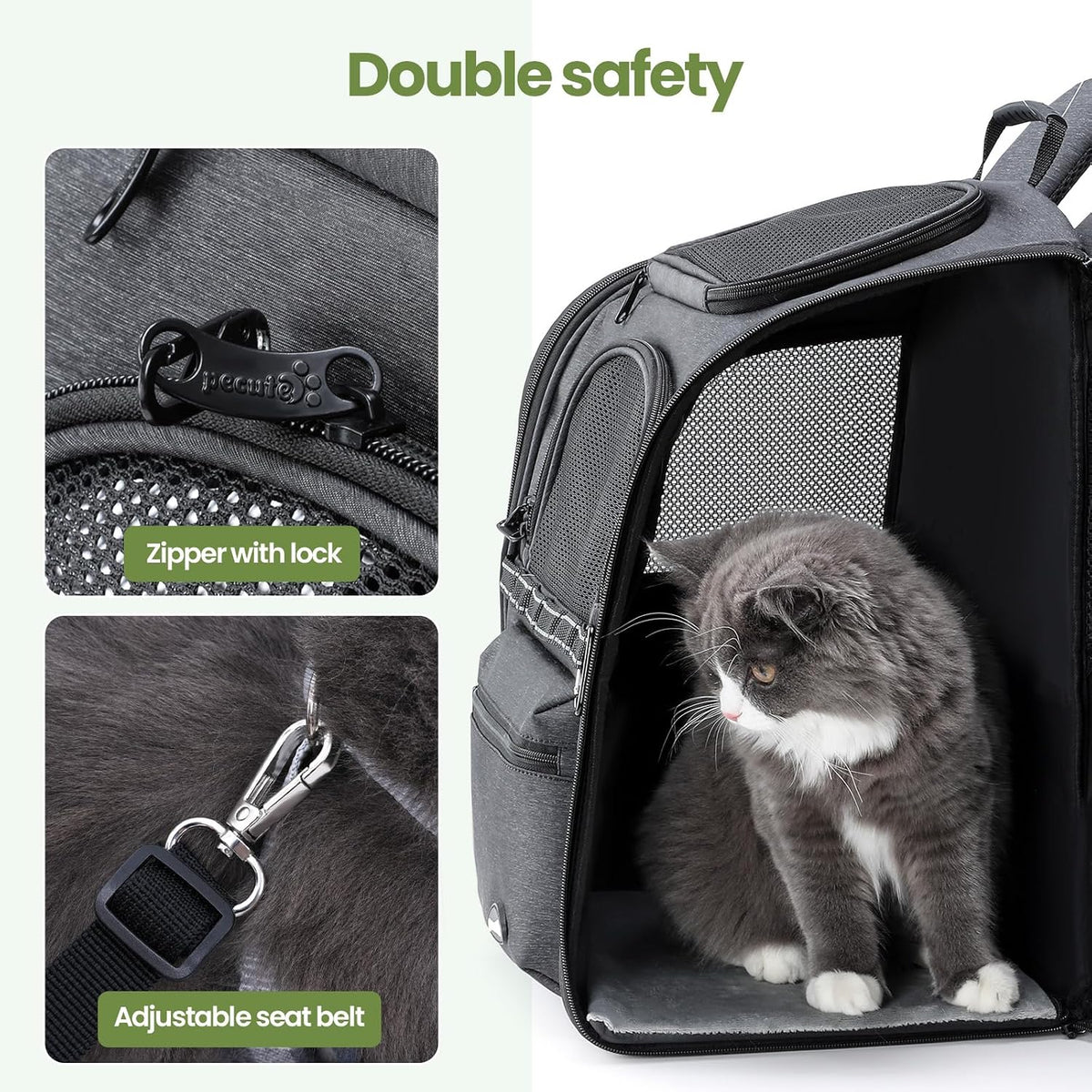 pecute ergonomic cat backpack, 30% effort-saving breathable pet, close-up detail