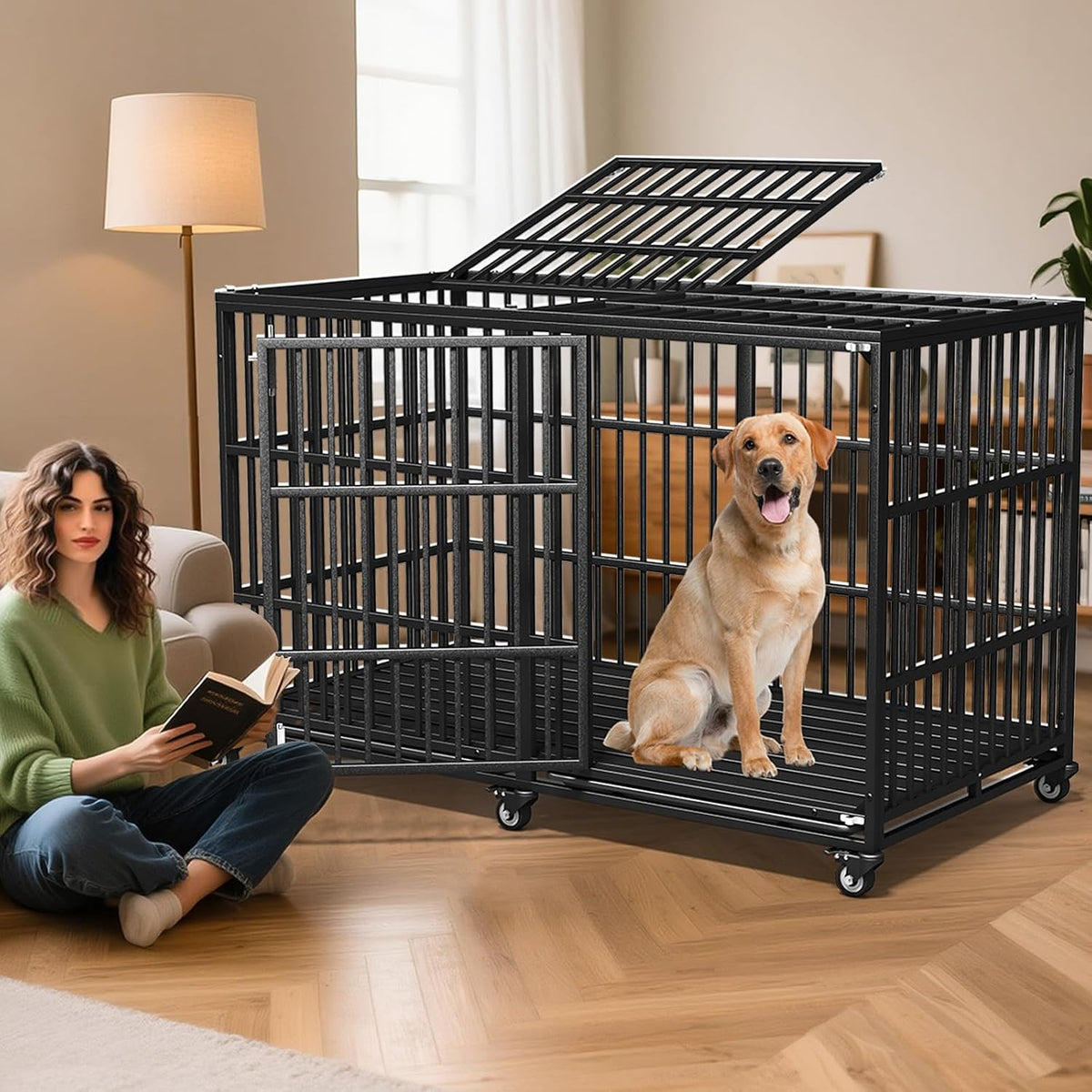 64 inch heavy duty dog crate, durable escape-proof, side view