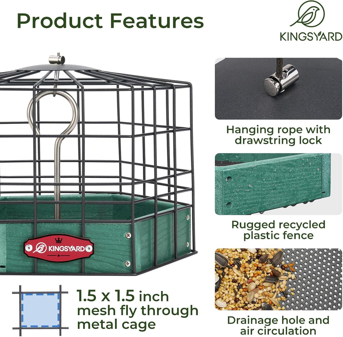kingsyard squirrel proof platform bird feeder, close-up detail
