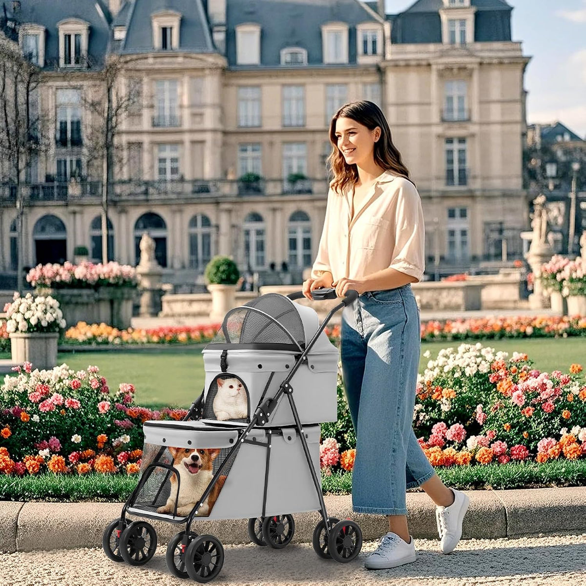 double pet stroller for medium small dogs and shown in use