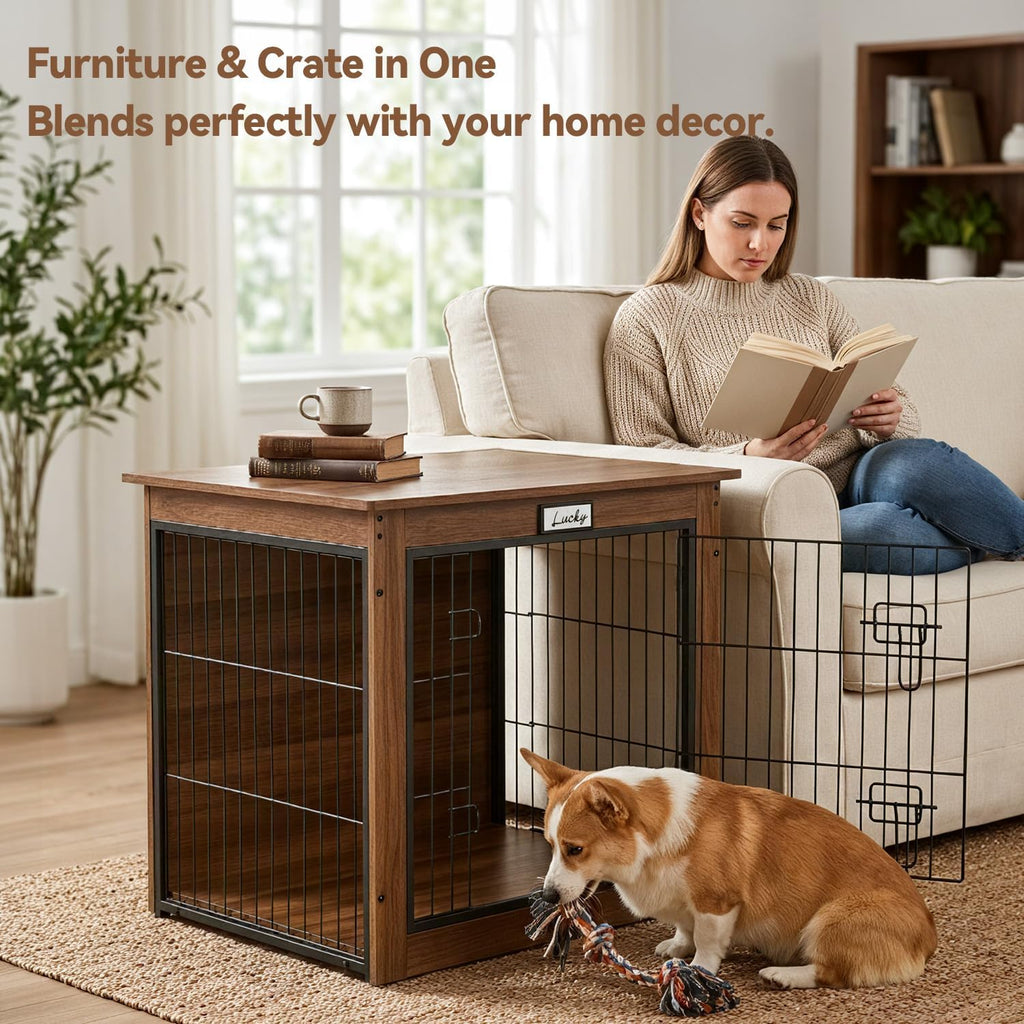 walnut dog crate furniture with reversible side door shown in use