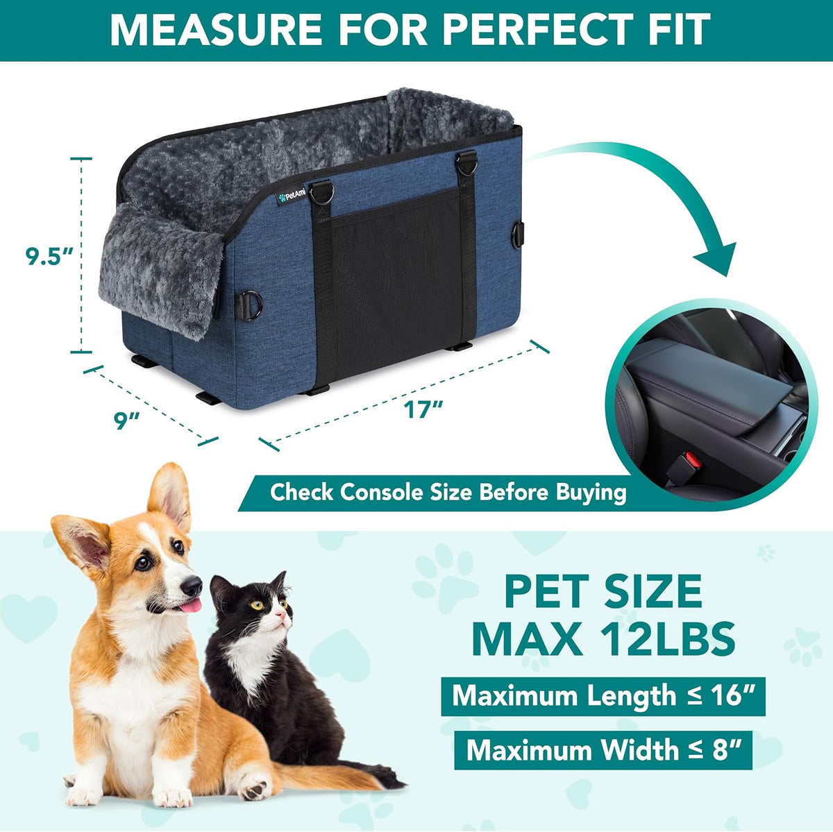 petami center console dog car seat, small dog shown in use