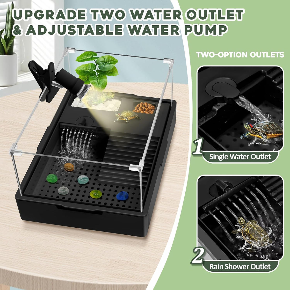 gozilla small turtle tank kit+water pump+lamp, acrylic turtle, close-up detail