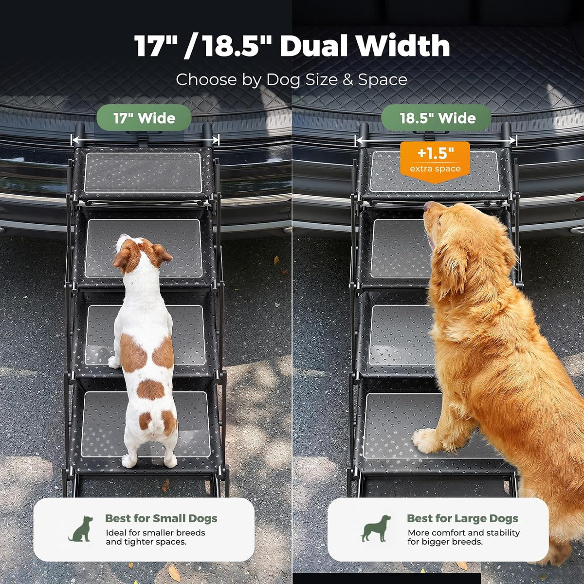 4‑step dog stairs for car trunk, 18.5" wide shown in use