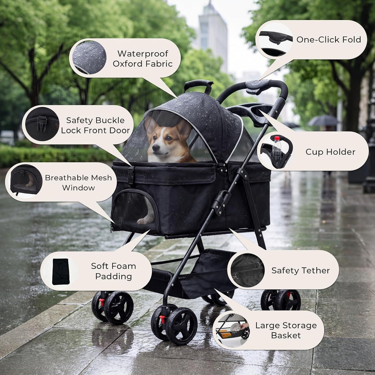 4-wheel pet stroller for small medium dogs cats, close-up detail