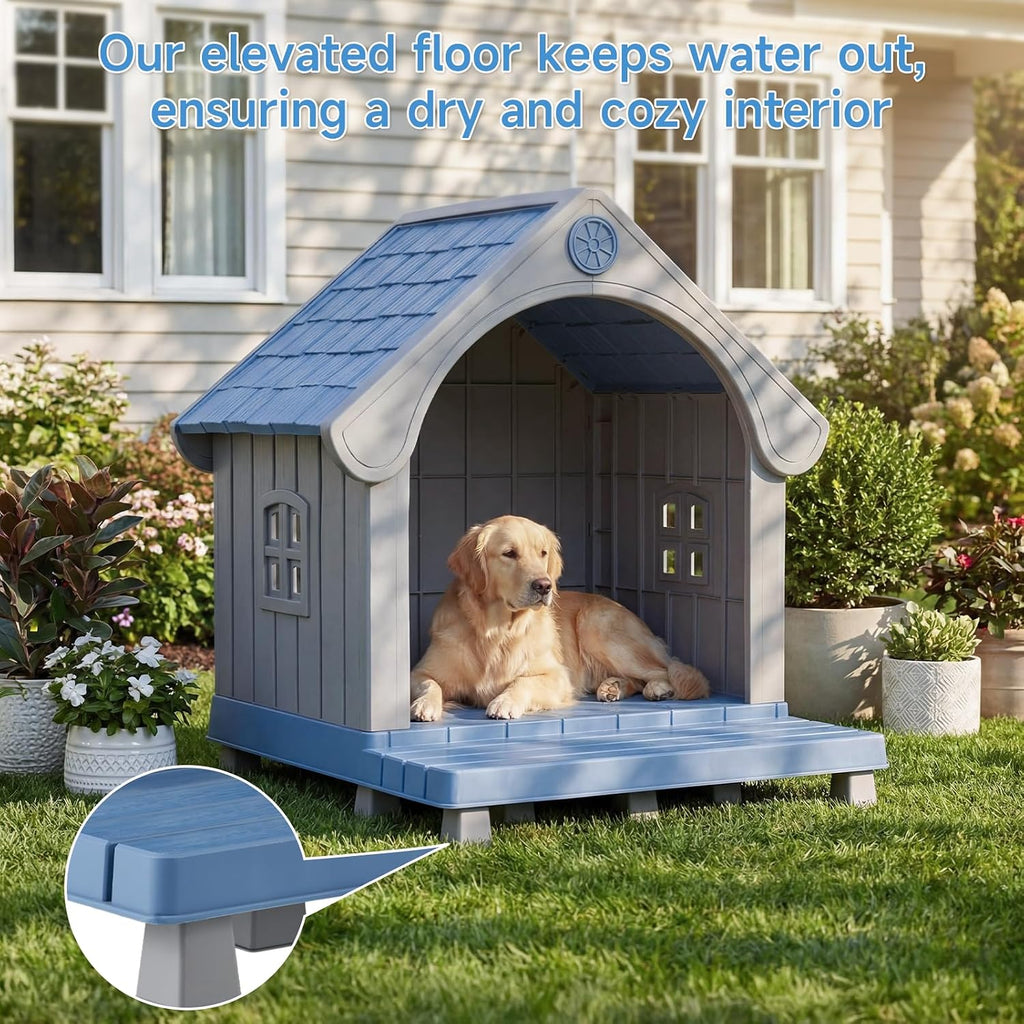 large dog house outdoor waterproof with elevated floor showing dimensions