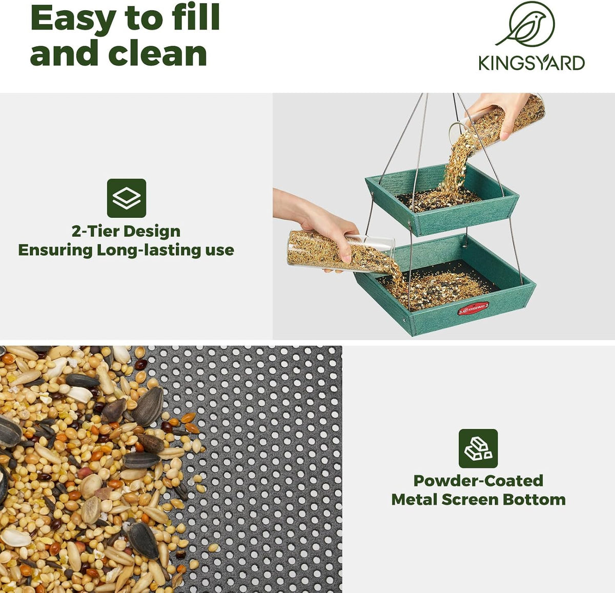 kingsyard 2 tier platform bird feeder for outdoors, close-up detail