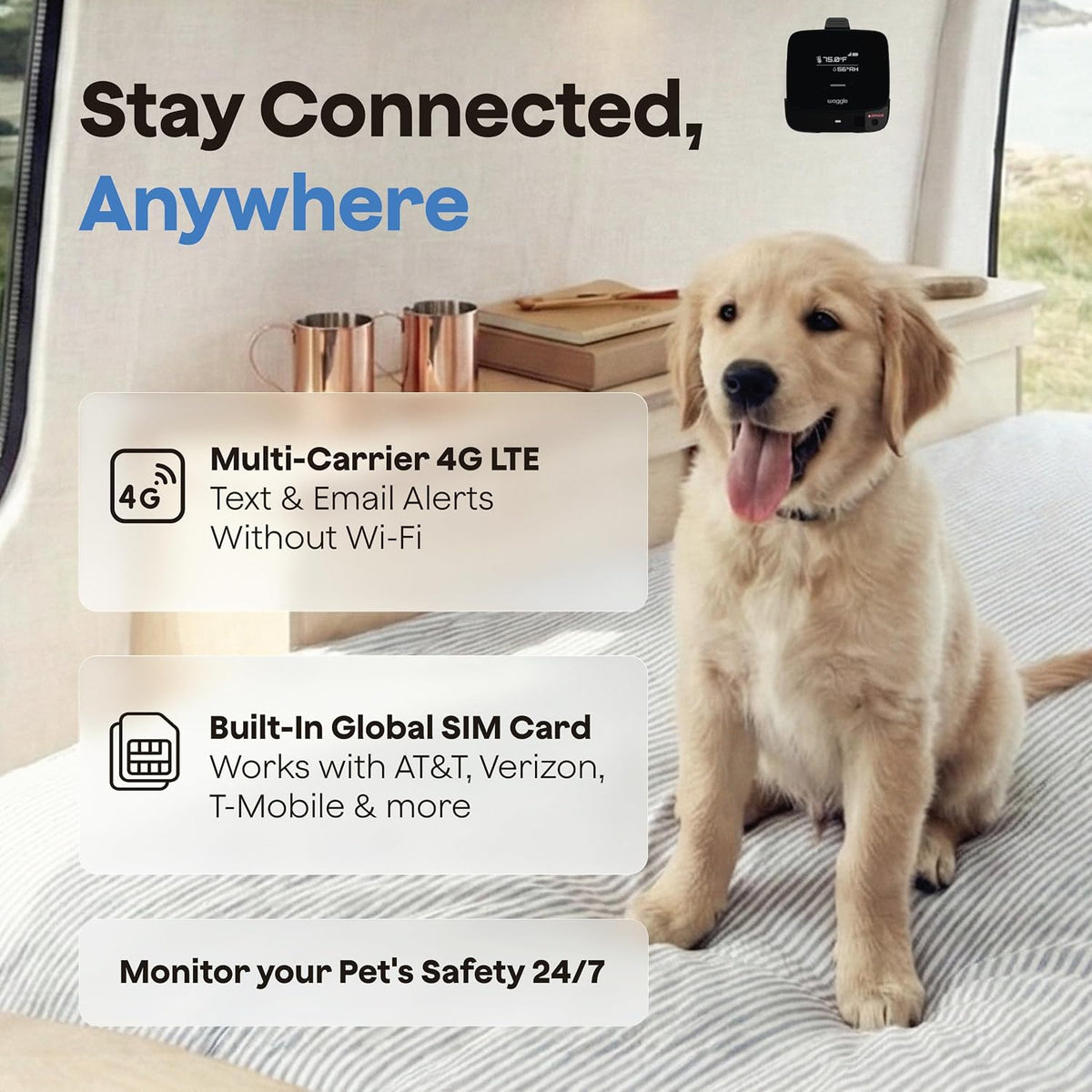 waggle rv pet temperature monitor - 4g cellular, side view