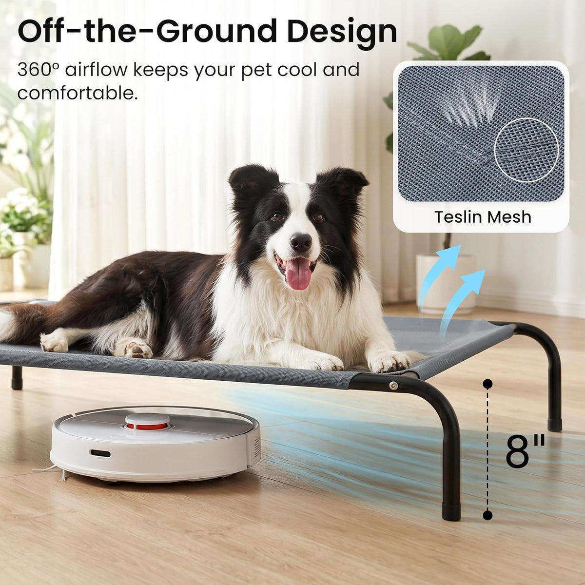 love's cabin elevated cooling dog bed for large shown in use