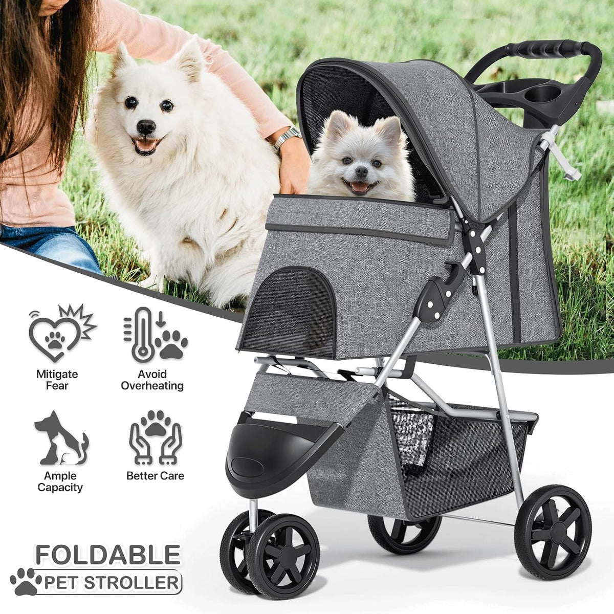 monibloom pet stroller for small/medium dogs and cats shown in use