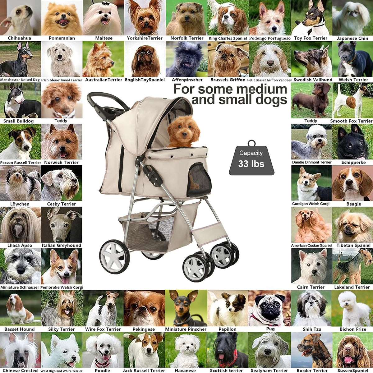 4-wheel pet stroller for small dogs and cats showing dimensions