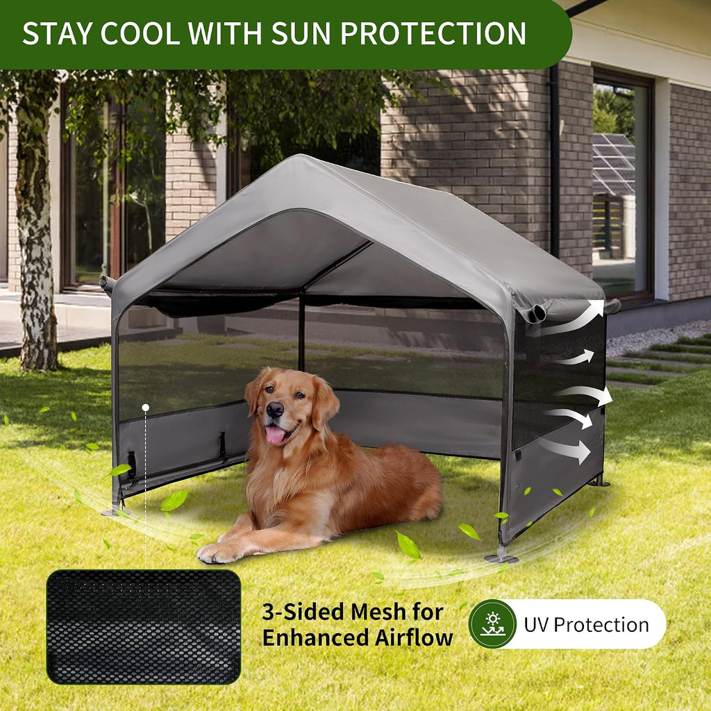 summertrail extra large dog house outside, dog shade showing dimensions