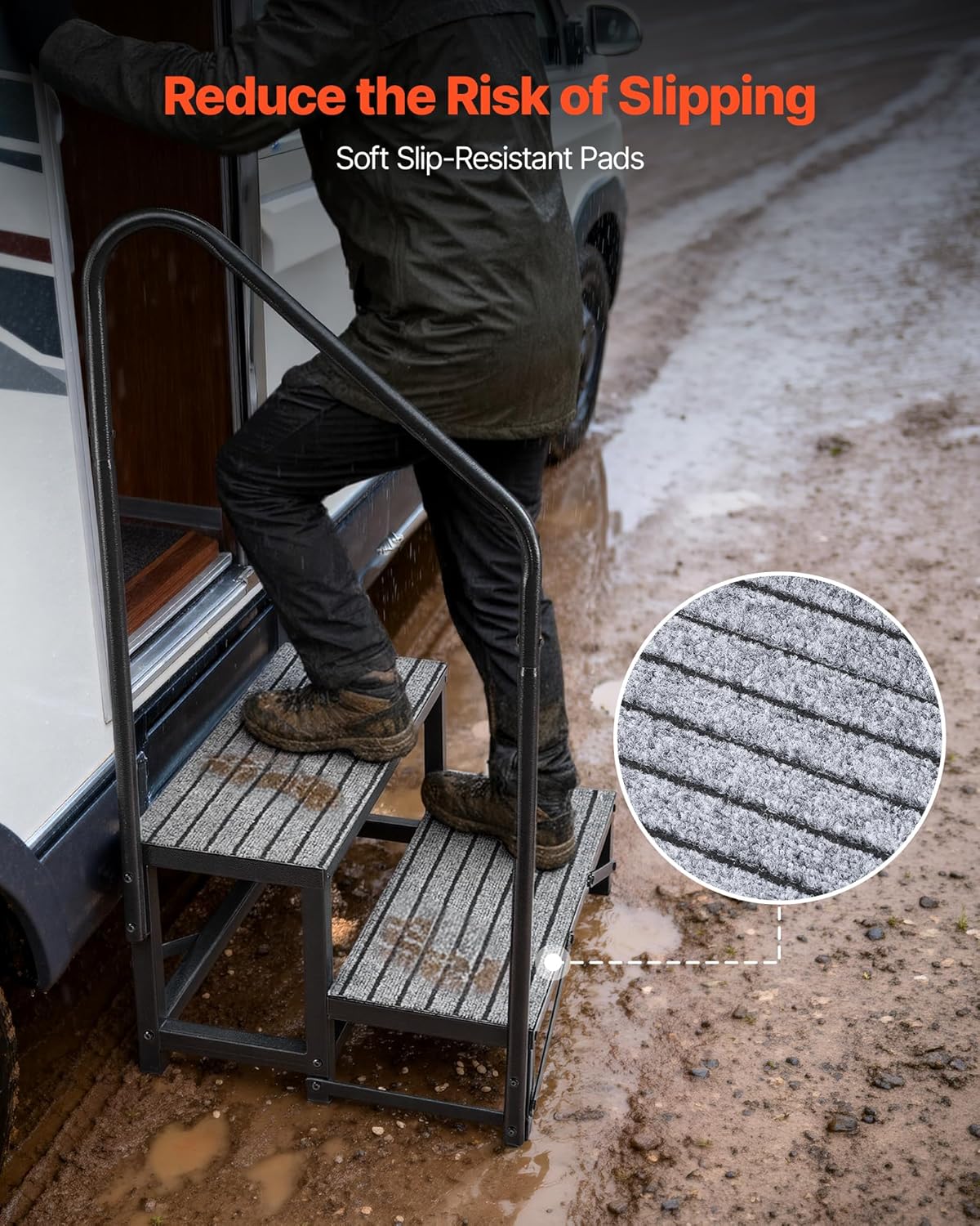 vevor rv steps with handrail, 2 steps, 660 showing dimensions