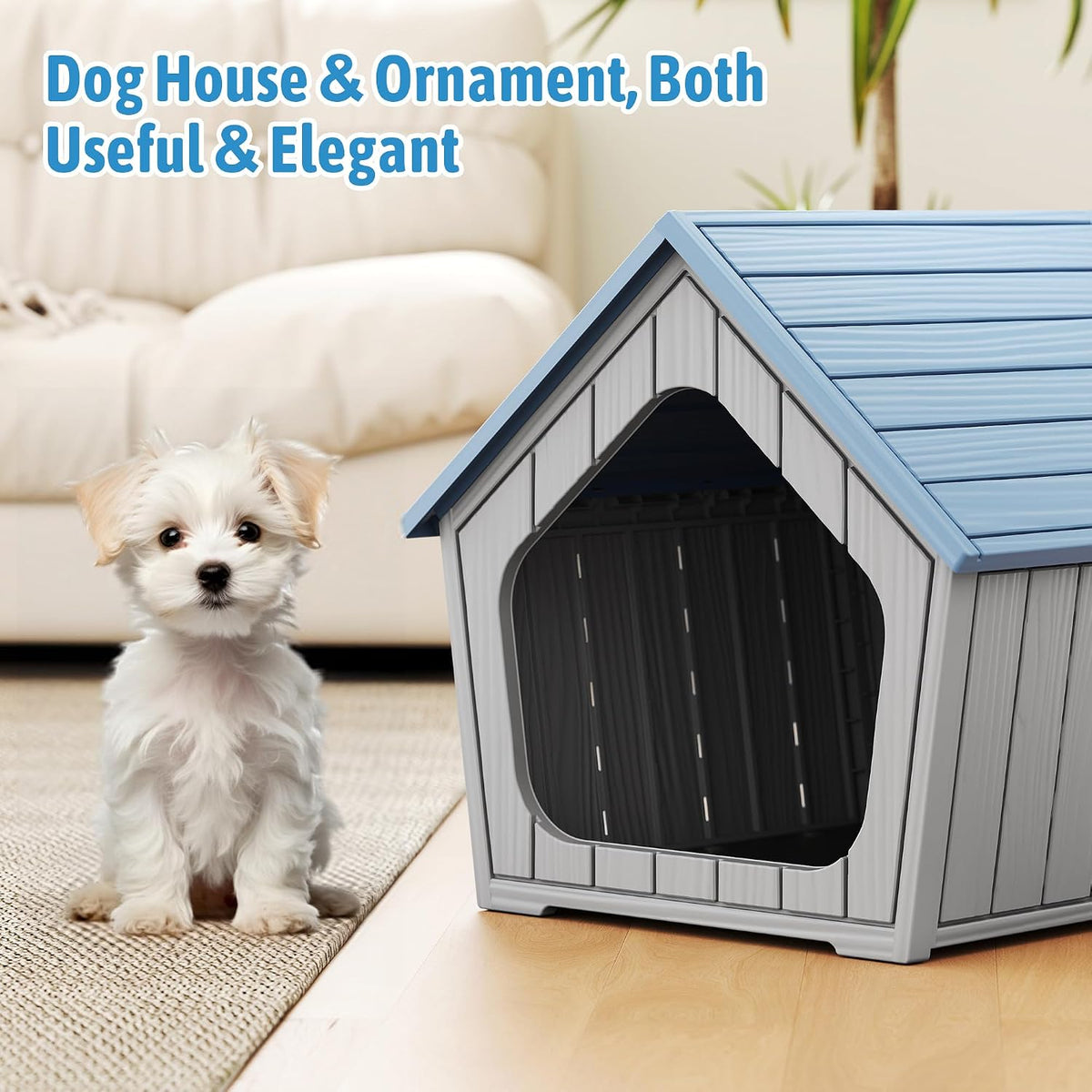 fancyango small dog house outdoor indoor, durable plastic showing dimensions