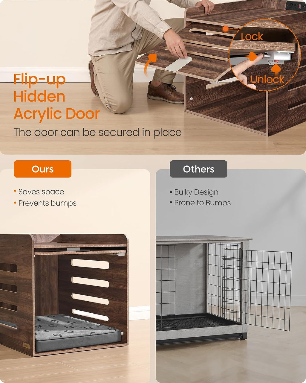 feandrea modern dog crate furniture, charging station, flip-up showing dimensions