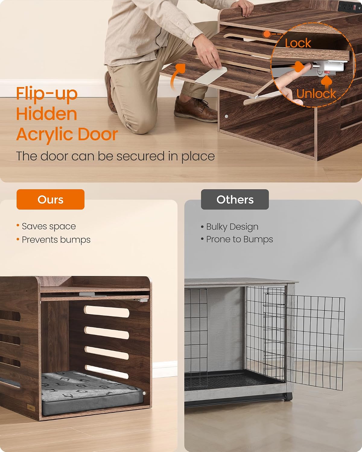 feandrea modern dog crate furniture, charging station, flip-up showing dimensions