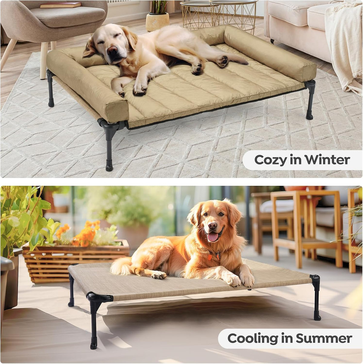 veehoo outdoor elevated dog bed with waterproof bolster showing dimensions