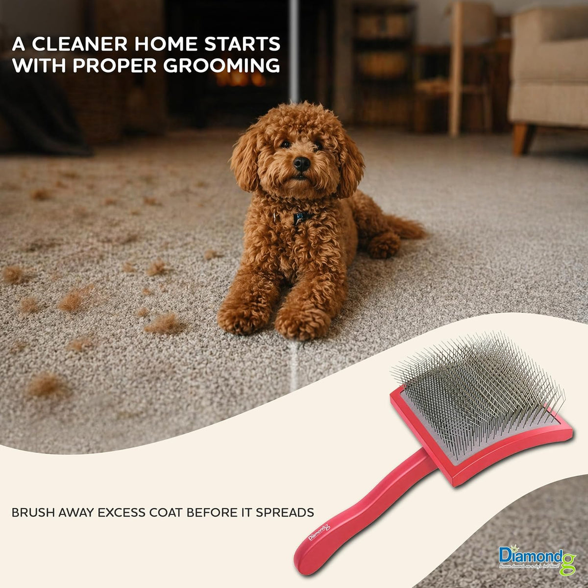 diamondg slicker brush for dogs - long pin shown in use
