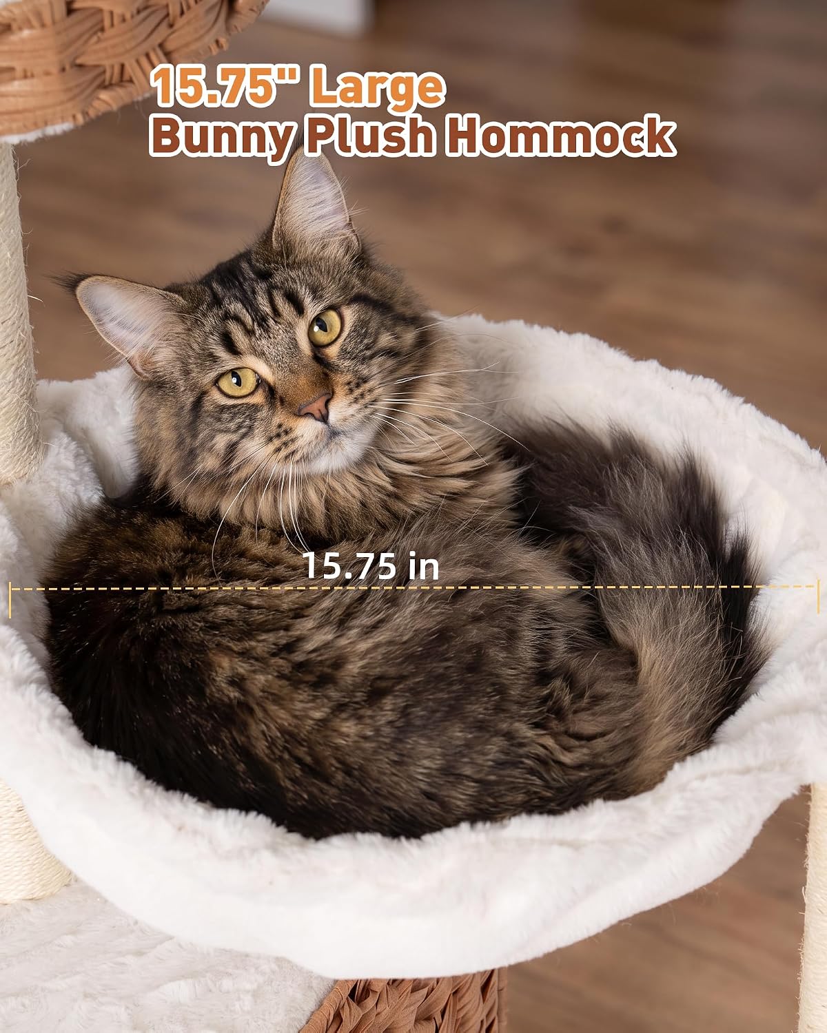 34" modern cat tree with large hammock, extra-long shown in use