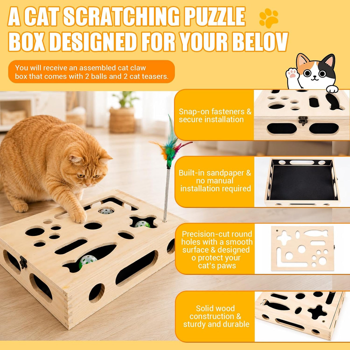 large cat nail file box, sturdy wood cat shown in use