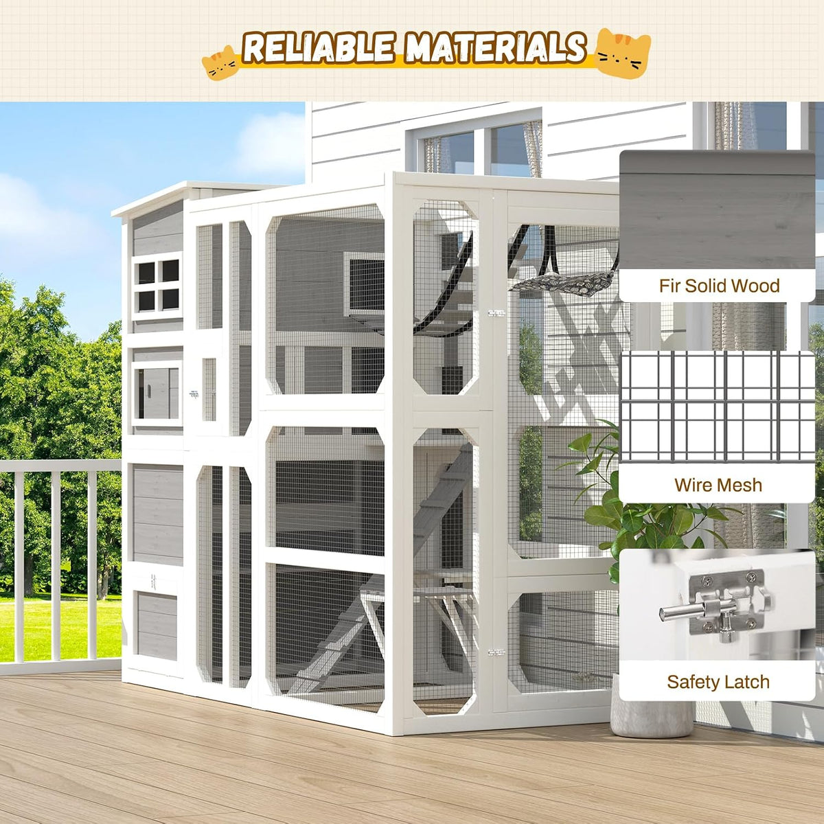 large 4-tier outdoor cat enclosure walk-in catio, grey, side view