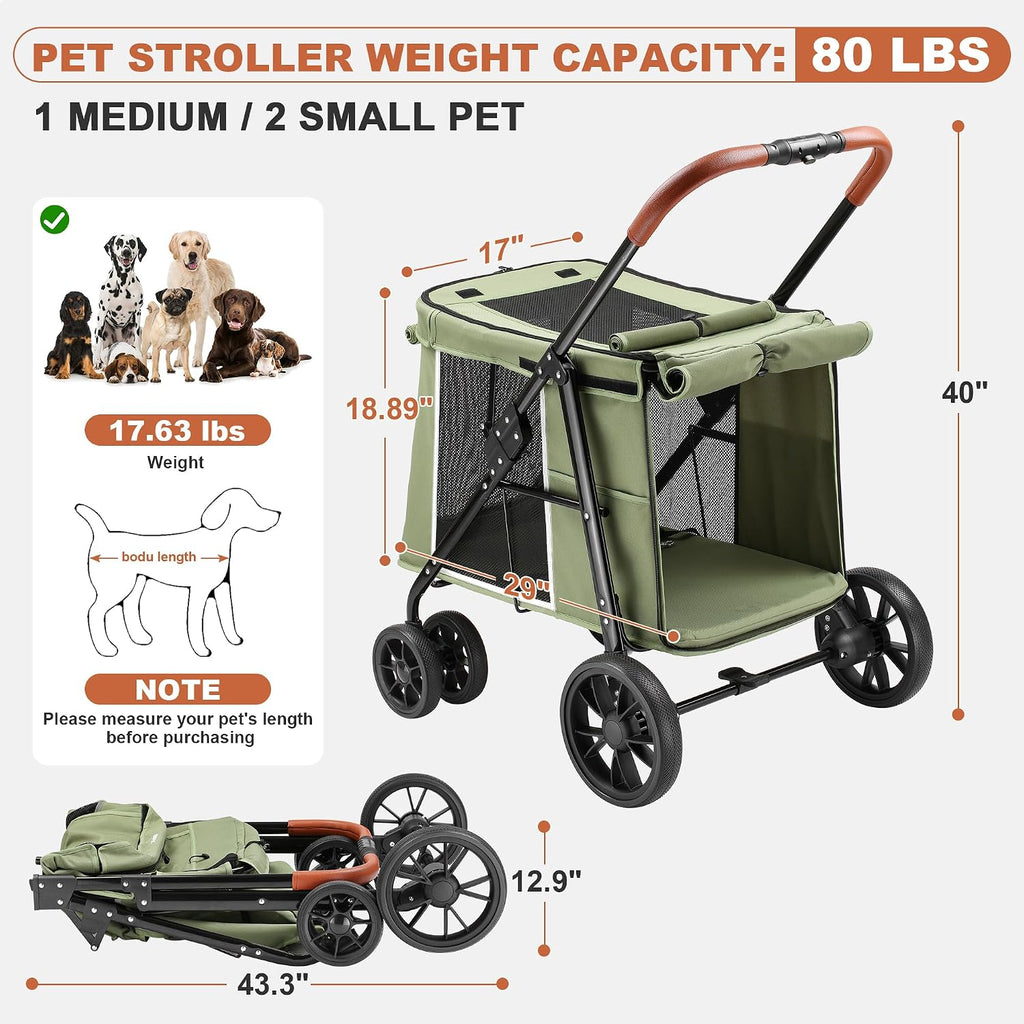 medium dog stroller, dual entry one-touch folding,small and shown in use
