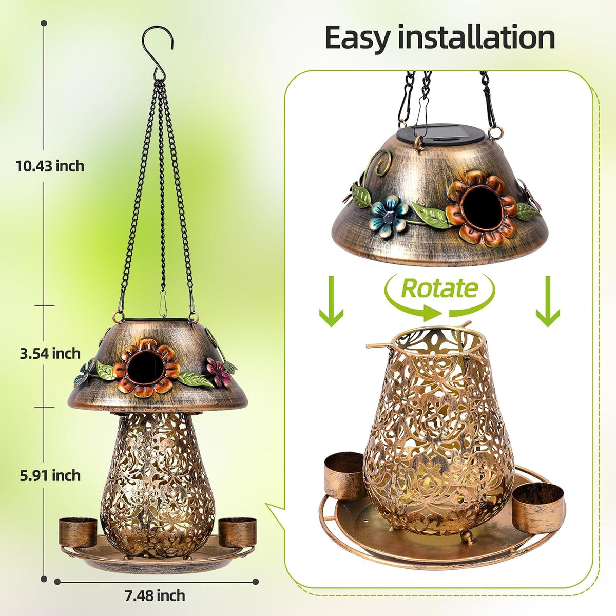 mushroom solar bird feeders for outdoors hanging metal shown in use
