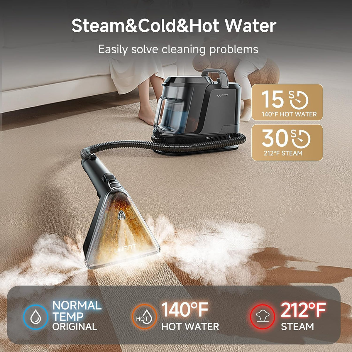 uwant carpet cleaner machine with steam&hot&cold water system shown in use