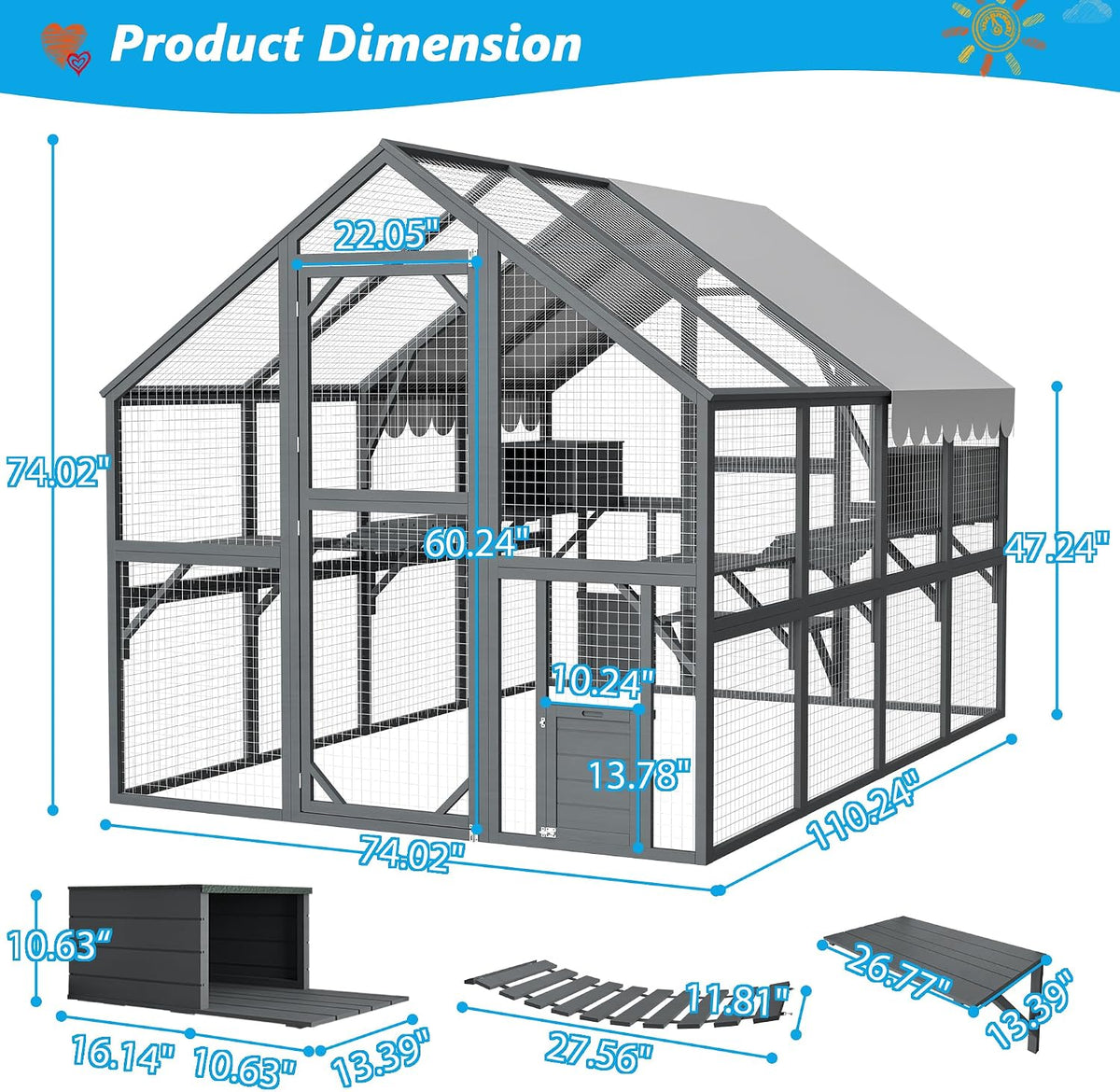 74" large wooden outdoor cat catio enclosure, 6×9ft shown in use