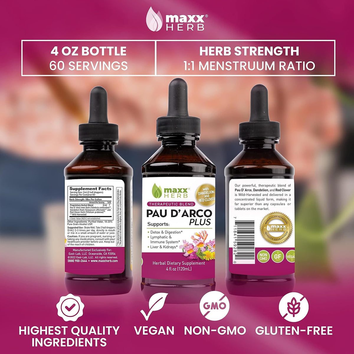 maxx herb pau d’arco extract with dandelion root, side view