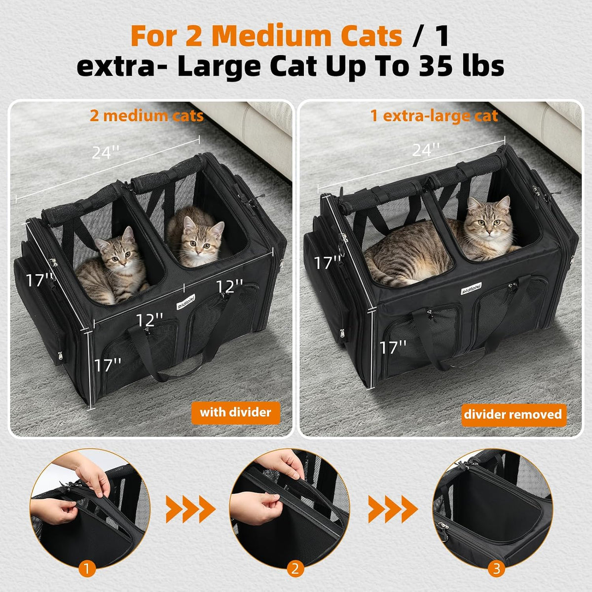 pidipiti 24x17x17 large expandable pet carrier for 2 shown in use