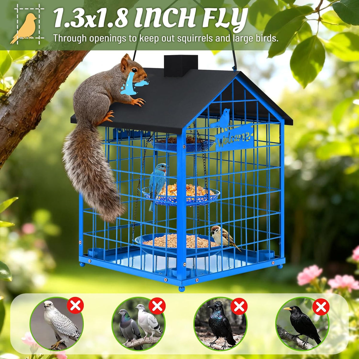 bird feeders for bluebirds, metal huge caged squirrel-proof, side view