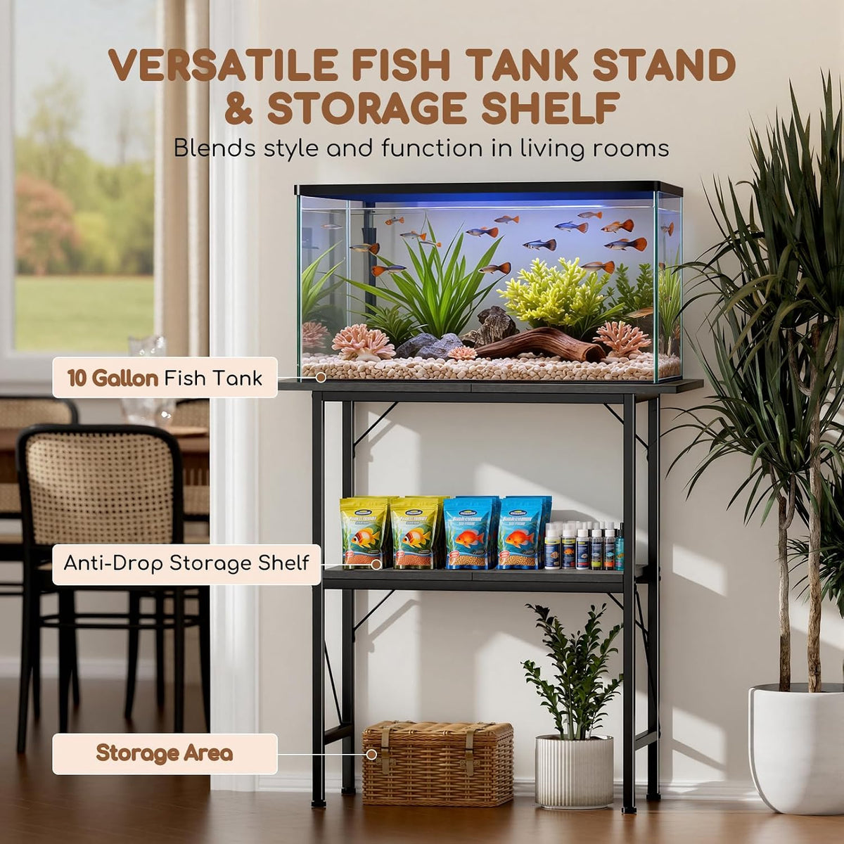 10-30 gallon fish tank stand with storage shelves, side view