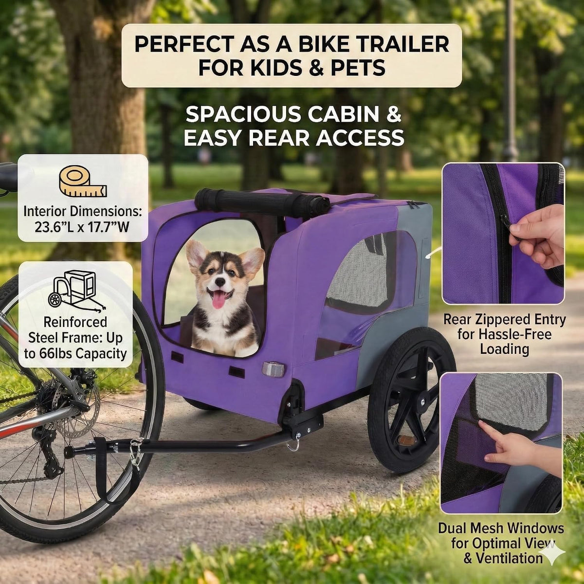 heavy duty dog bike trailer with 16" all-terrain, close-up detail
