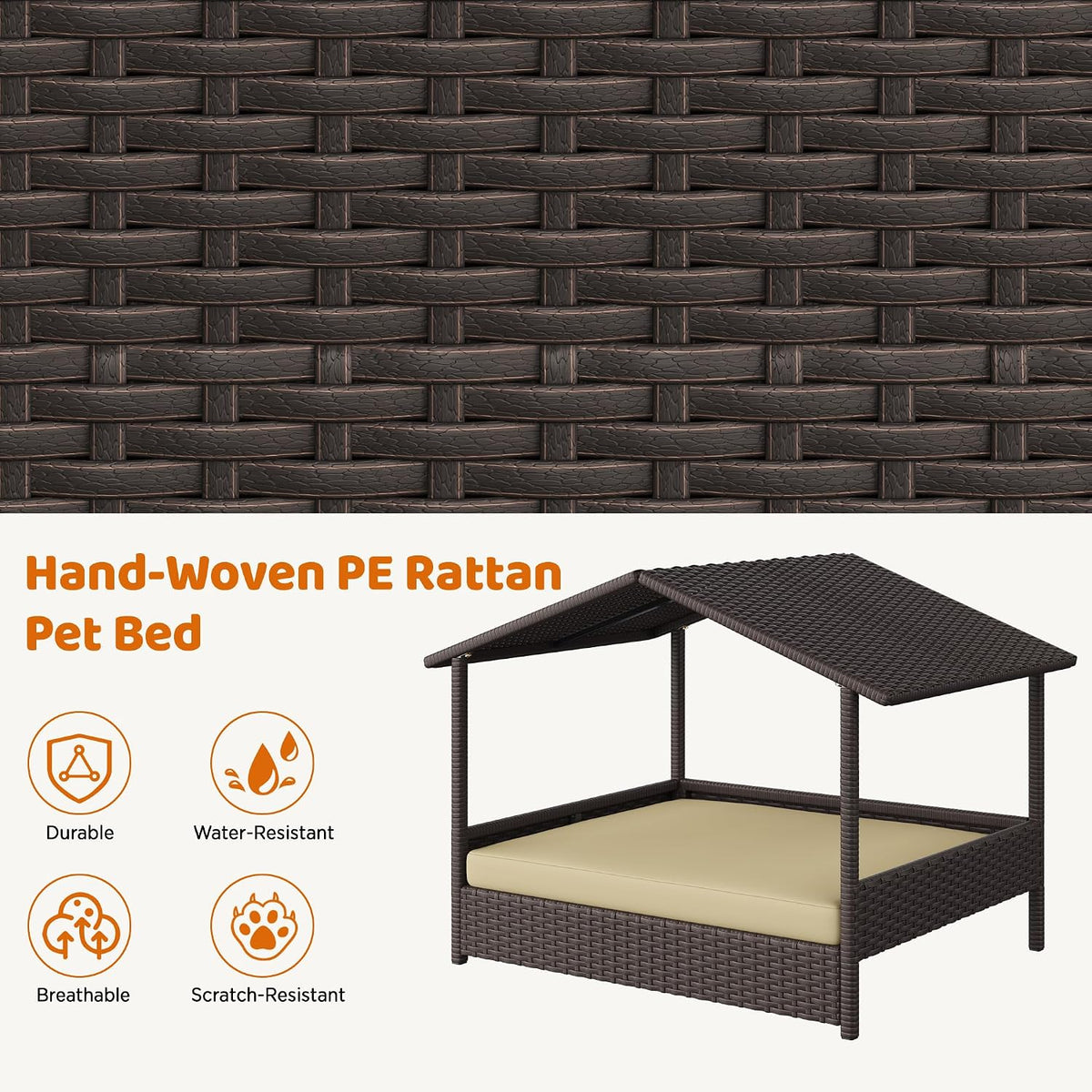 yaheetech wicker dog house outdoor indoor with canopy, front angle view