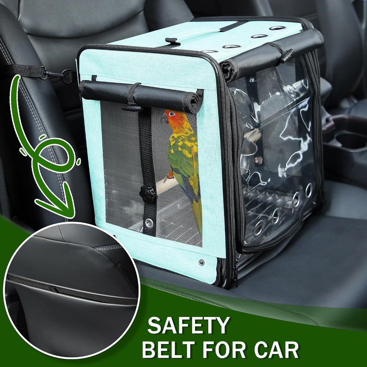 bird carrier with seat belt for car travel shown in use