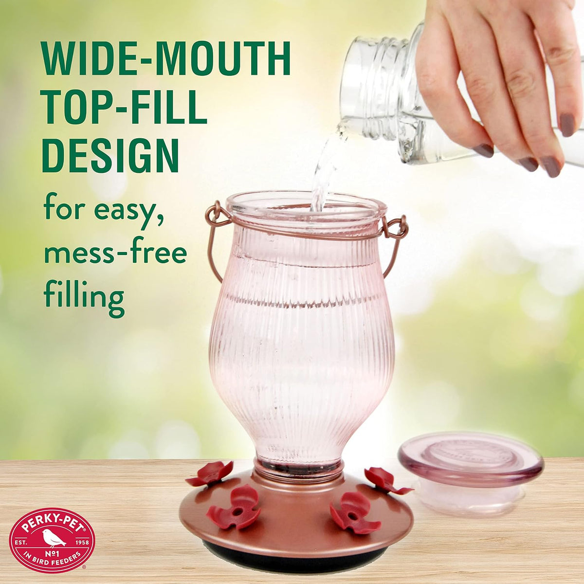 perky-pet 9104-2 rose gold top-fill glass hummingbird feeder, close-up detail