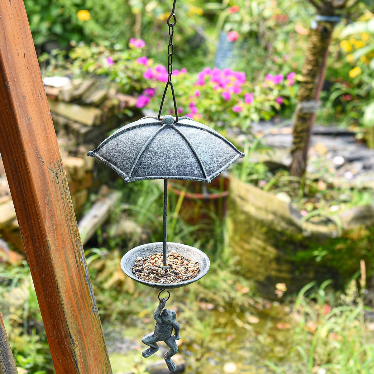 sungmor cast iron hanging bird feeder, vintage green, side view