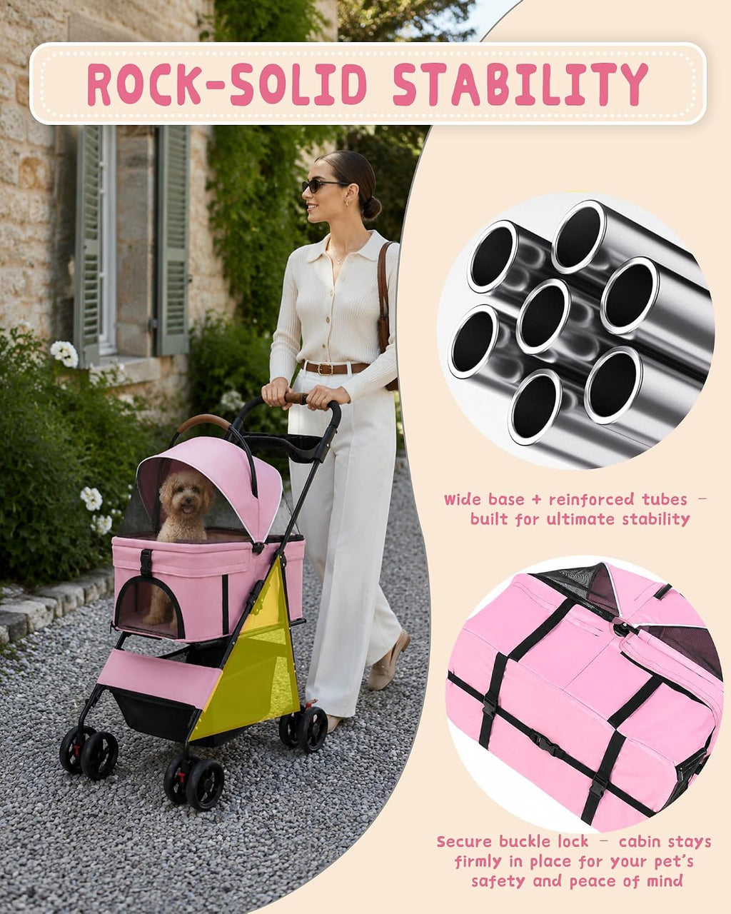 pet stroller, 3 in1 foldable dog cat stroller, side view