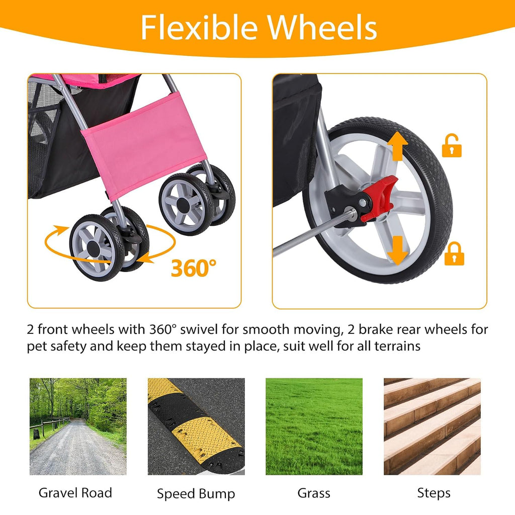 4 wheels dog stroller folding pet strolling cart, side view